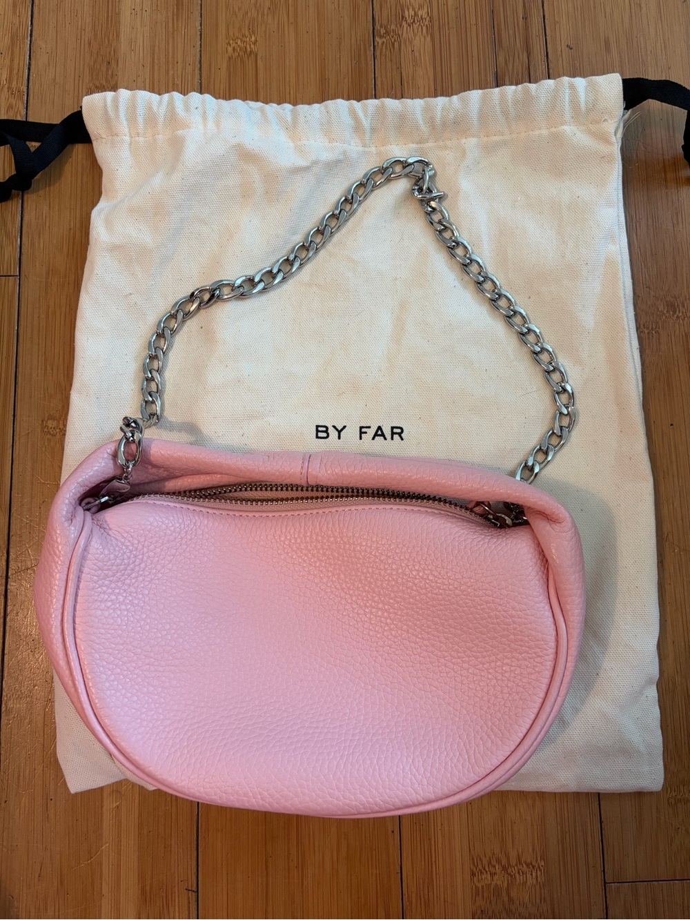 BY FAR Pastel Pink Pebbled Leather Chain Shoulder Bag